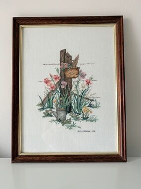 90s Needlpoint Forgotten Flower Basket Flowers by Fence Post by Paula Vaughan